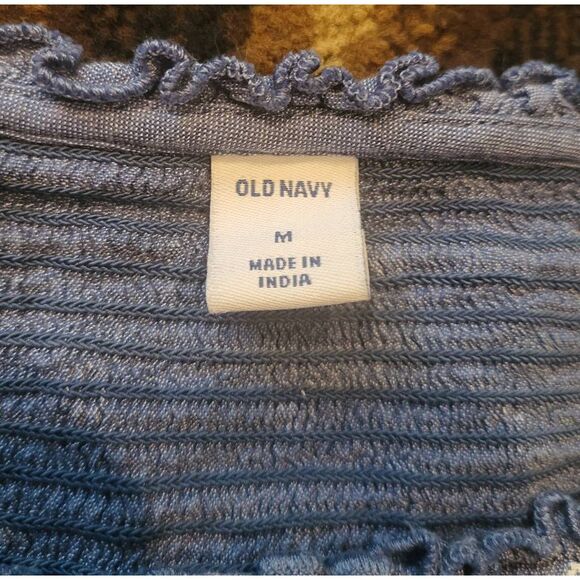 Old Navy Dress Women's Medium Blue Puff Sleeve Smocked Midi Chambray Block Print - Picture 5 of 6